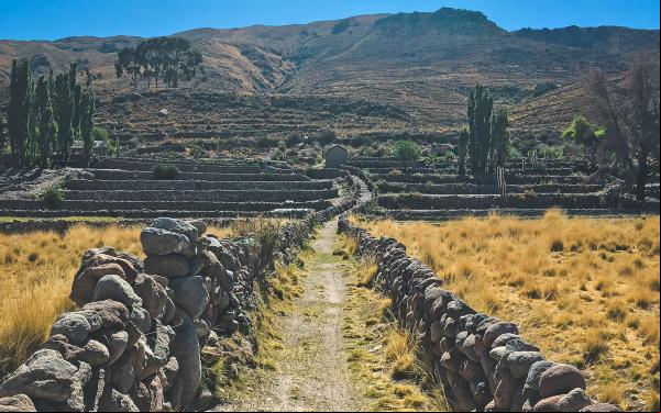 stone wall lines dirt road leading to agricultural terraces