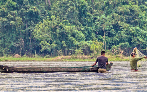 un hombre conduciendo una canoa en un río